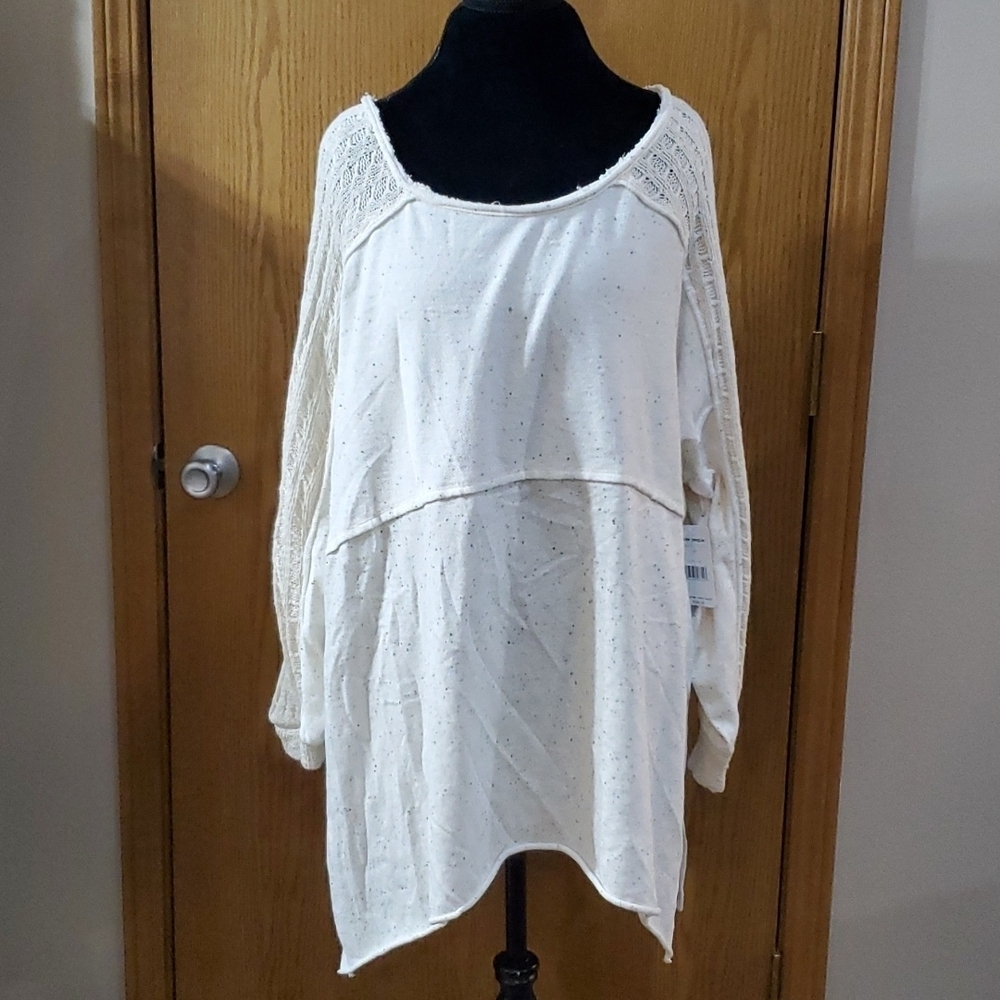 Free people nwt oversized crochet detail asymmetric hem long sleeve shirt